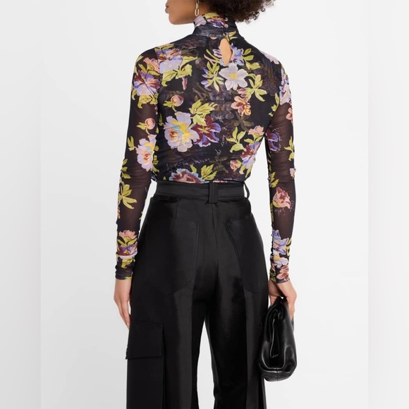 Cinq a sept Bridgette shirred mesh floral turtleneck top sz lg - Picture 6 of 15